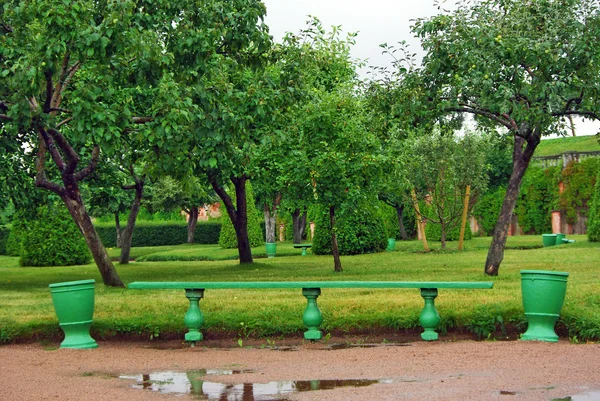 Grön träbänk i trädgården — Stockfoto