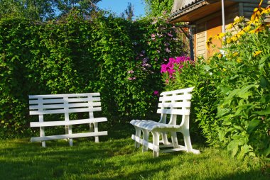 White benches in a secluded corner garden clipart