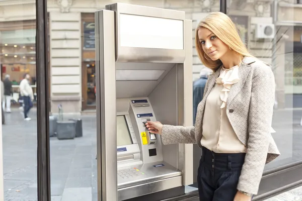 stock image Woman using Bank ATM machine