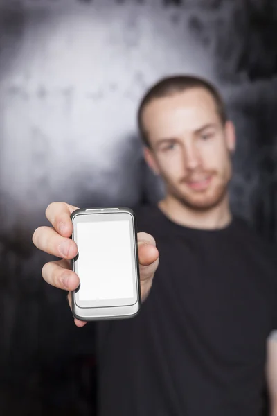 Men showing screen of cell phone, focus on device — Stock Photo, Image