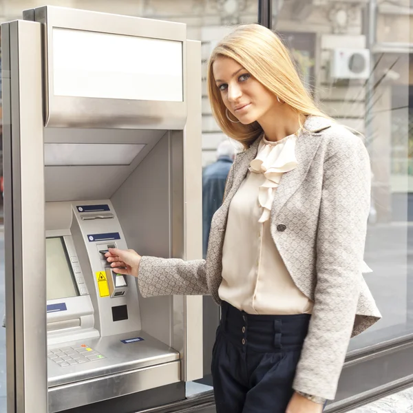 stock image Woman using Bank ATM machine