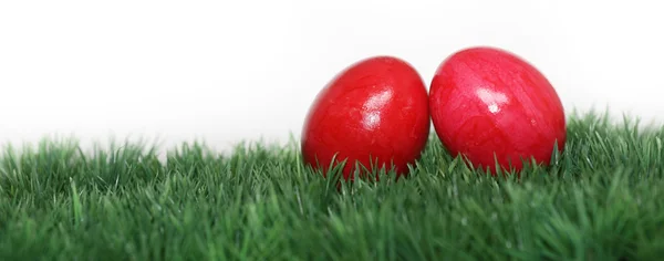 Ovos vermelhos escondidos na grama — Fotografia de Stock