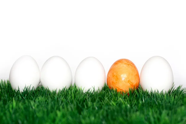 Um ovo amarelo entre os brancos — Fotografia de Stock