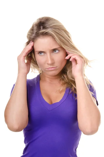 Blond ung kvinna önskar tvivel eller huvudvärk — Stockfoto