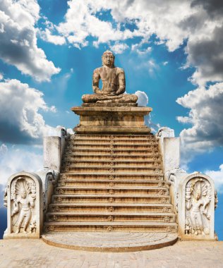 Statue of a meditating Buddha against the sky. A collage of many clipart