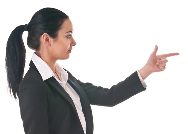 Mulher gerente mostra a direção do dedo — Fotografia de Stock