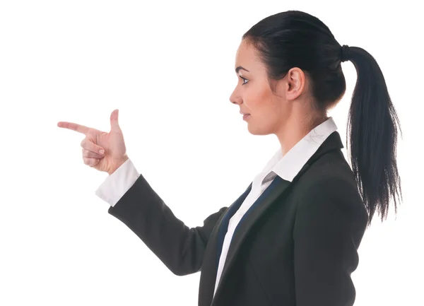 Mujer gerente muestra la dirección del dedo —  Fotos de Stock
