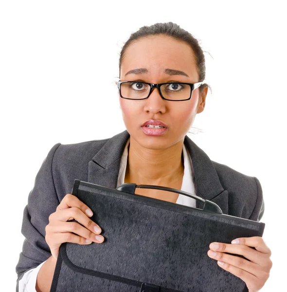 Terrified young business woman on white — Stock Photo, Image