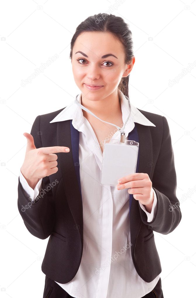 Executive employee shows her badge