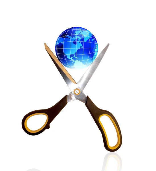 The scissors isolated and blue globe — Stock Photo, Image
