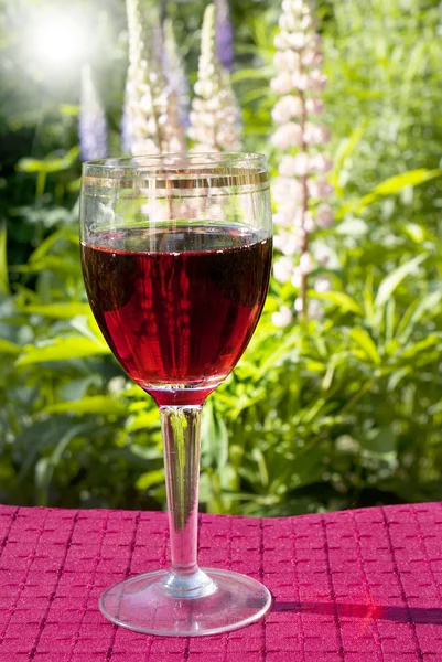 Rode wijn glas op tuin bloemen achtergrond — Stockfoto