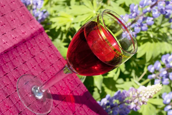 Vinho vermelho jovem em cima de flores de primavera — Fotografia de Stock