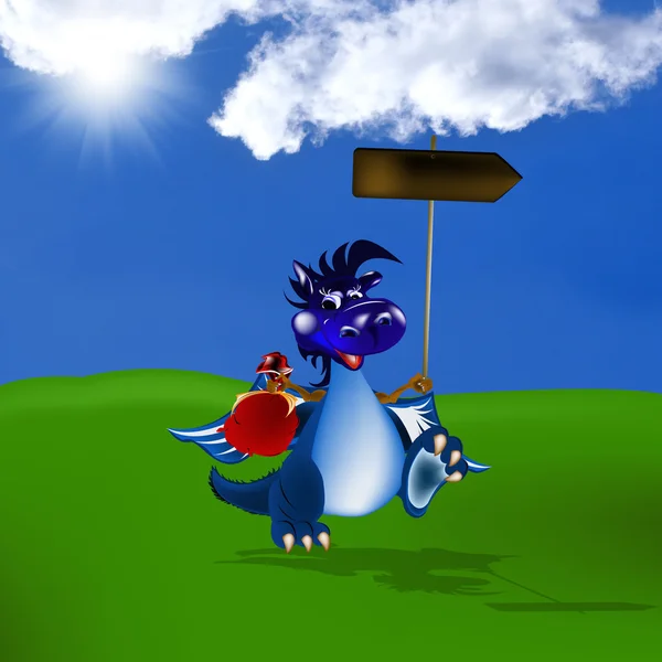 Счастливый голубой дракон над зеленым полем и голубым небом — стоковое фото