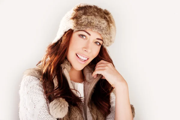 Smiling Woman In Winter Fur Hat — Stock Photo, Image