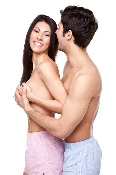 Śmiejąc się topless para — Zdjęcie stockowe