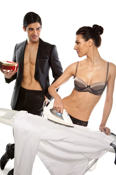 Man Giving Gift To Woman In Lingerie — Stock Photo, Image