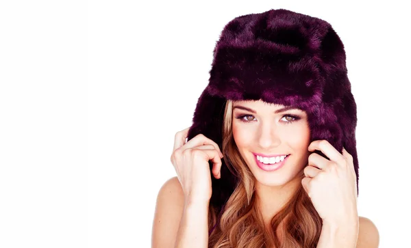 Pretty blonde with fur hat — Stock Photo, Image