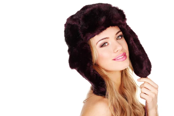 Pretty Young Girl In Fur Hat — Stock Photo, Image