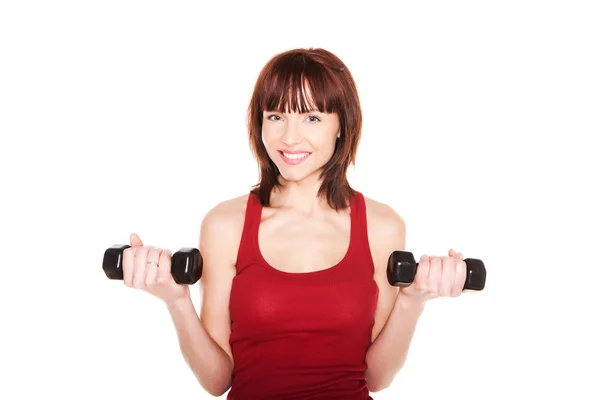 Smiling Redhead With Dumbbells — Stock Photo, Image