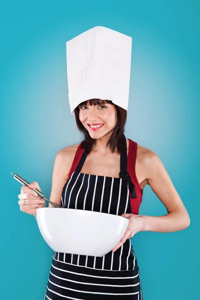 Femme Chef dans le chapeau et tablier — Photo