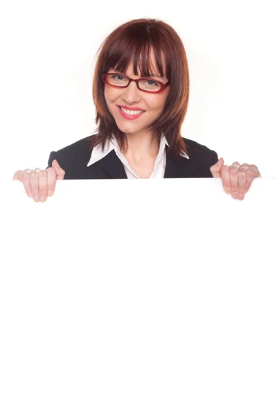 Nő a gazdaság jel szemüveg — Stock Fotó