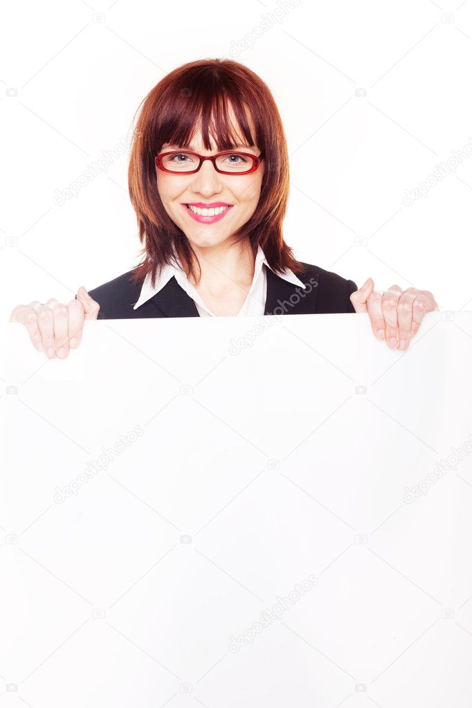 Smiling Businesswoman Holding Blank Sign