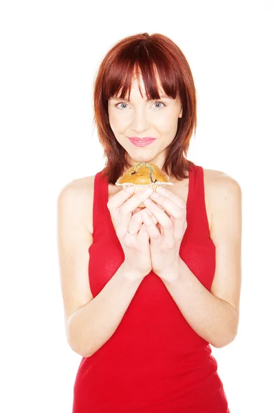 Happy Woman Holding Large Muffin — Stock Photo, Image