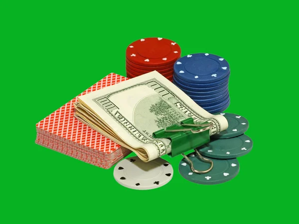 赌场筹码、 打牌和美元包. — 图库照片