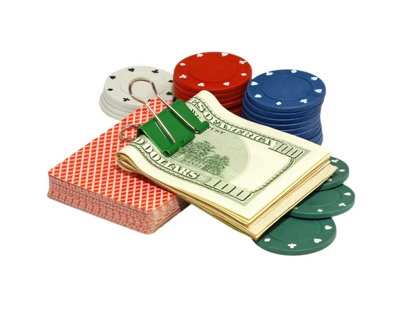 Μάρκες καζίνο, κάρτες παιχνιδιού και δολάρια. — Φωτογραφία Αρχείου