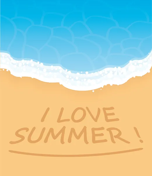 Eu amo verão escrito na areia em uma praia tropical . —  Vetores de Stock