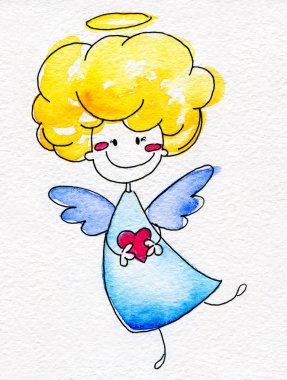 Cute hand-drawn angel with heart in hands clipart