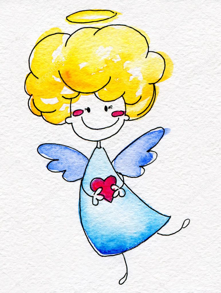 Cute hand-drawn angel with heart in hands