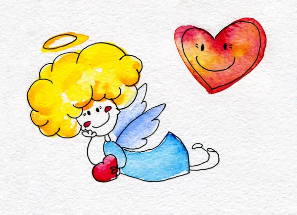 Cute hand-drawn angel with heart in hands — Stock Photo, Image
