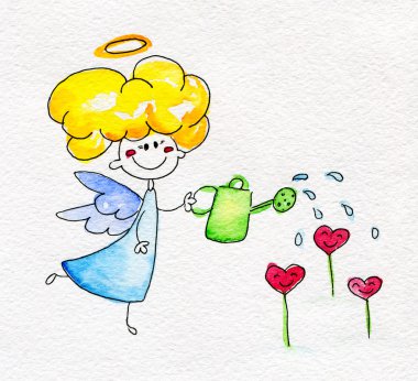 Cute hand-drawn angel watering flowers clipart