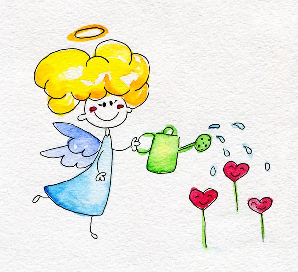 Cute hand-drawn angel watering flowers — Stock Photo, Image