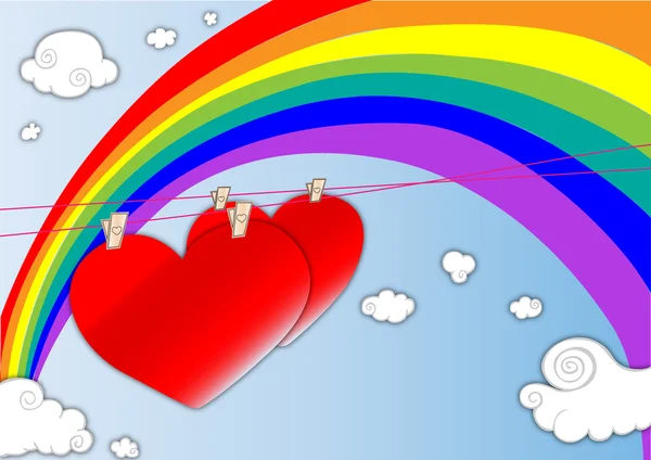 Hearts in the air with a rainbow background — Stock Vector