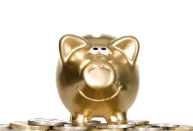 Golden piggybank with money near by it clipart