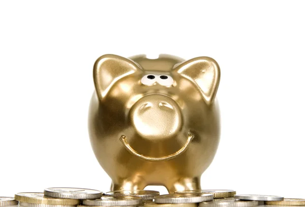 Golden Piggybank con dinero cerca de él —  Fotos de Stock