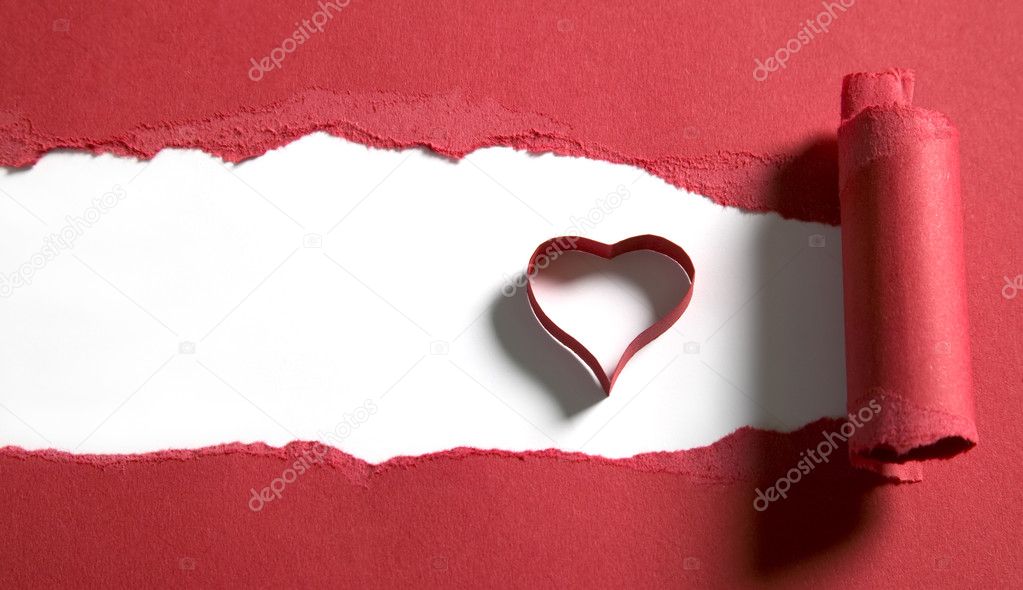 Ripped red paper with white space and heart shape