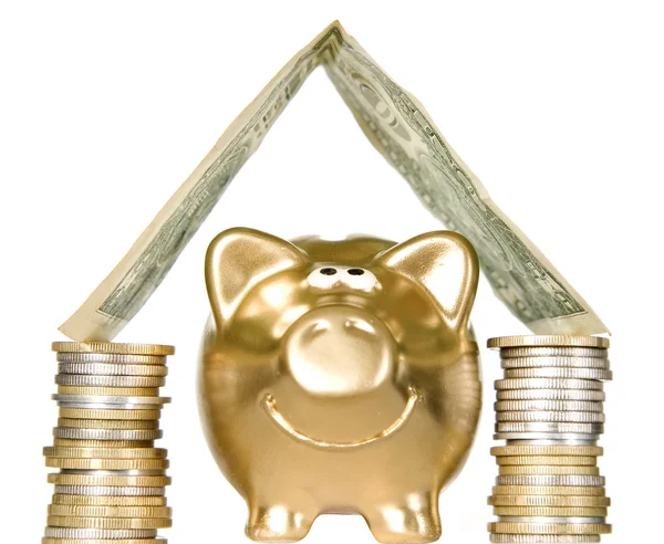 Goldenes Sparschwein mit Geld nach Hause — Stockfoto