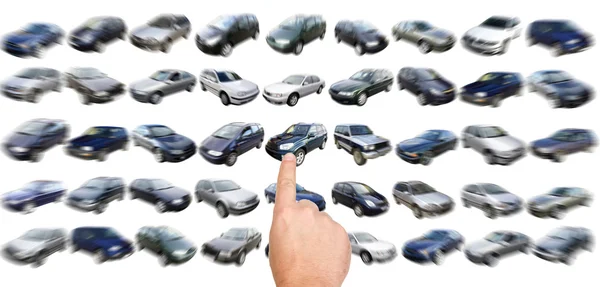 Homem está escolhendo carro com dedo — Fotografia de Stock