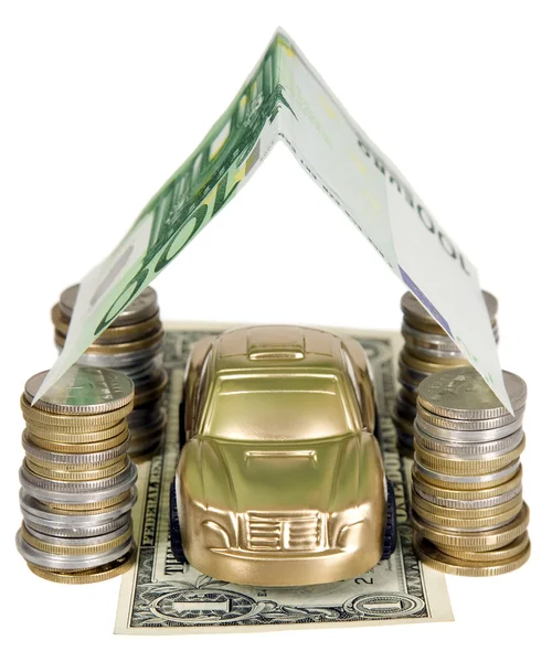 A golden car under garage roof made from banknote — Stock Photo, Image