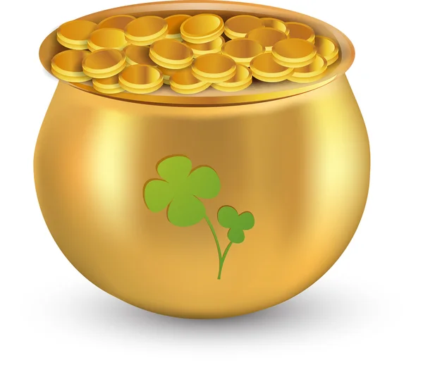 Bote de monedas de oro con hoja de trébol sobre fondo blanco para el Día de San Patricio. Gradiente gráfico de malla . — Vector de stock