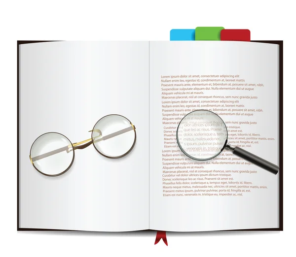 Livre Isolé sur blanc avec lunettes et loupe — Image vectorielle