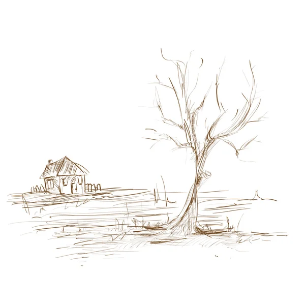 手描きスケッチ風景、木や家 — ストックベクタ