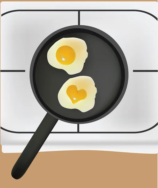 Illustration of fried eggs in black pan — Stock Vector