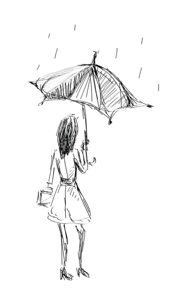 Chica sosteniendo paraguas boceto dibujar a mano — Vector de stock