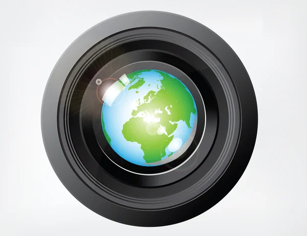 Reflecterende globe op cameralens — Stockvector