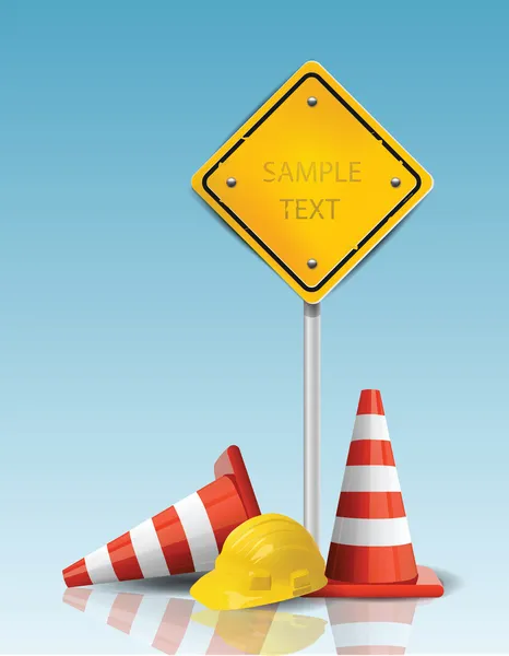 Traffic Cones and Yellow Sign with Hard Cap — Stock Vector
