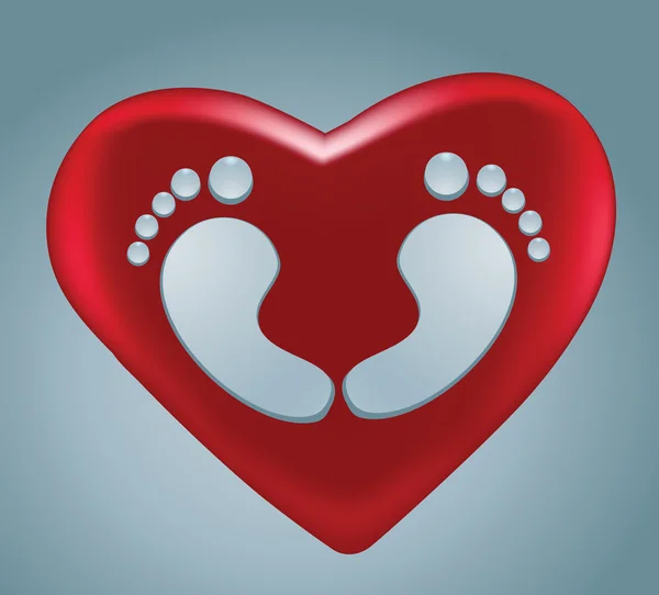 Water drops voetafdruk van hart vorm met rood hart — Stockvector